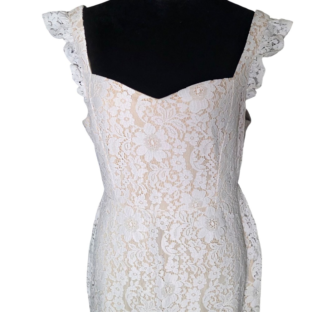 Aakaa Lace Dress Women L Cream Nude Overlay Sweetheart Neck Flutter Sleeve Sheat - Picture 2 of 5